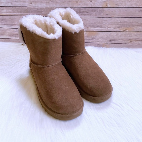 UGG Classic Double Bow Mini Chestnut Suede Boots - Picture 6 of 9